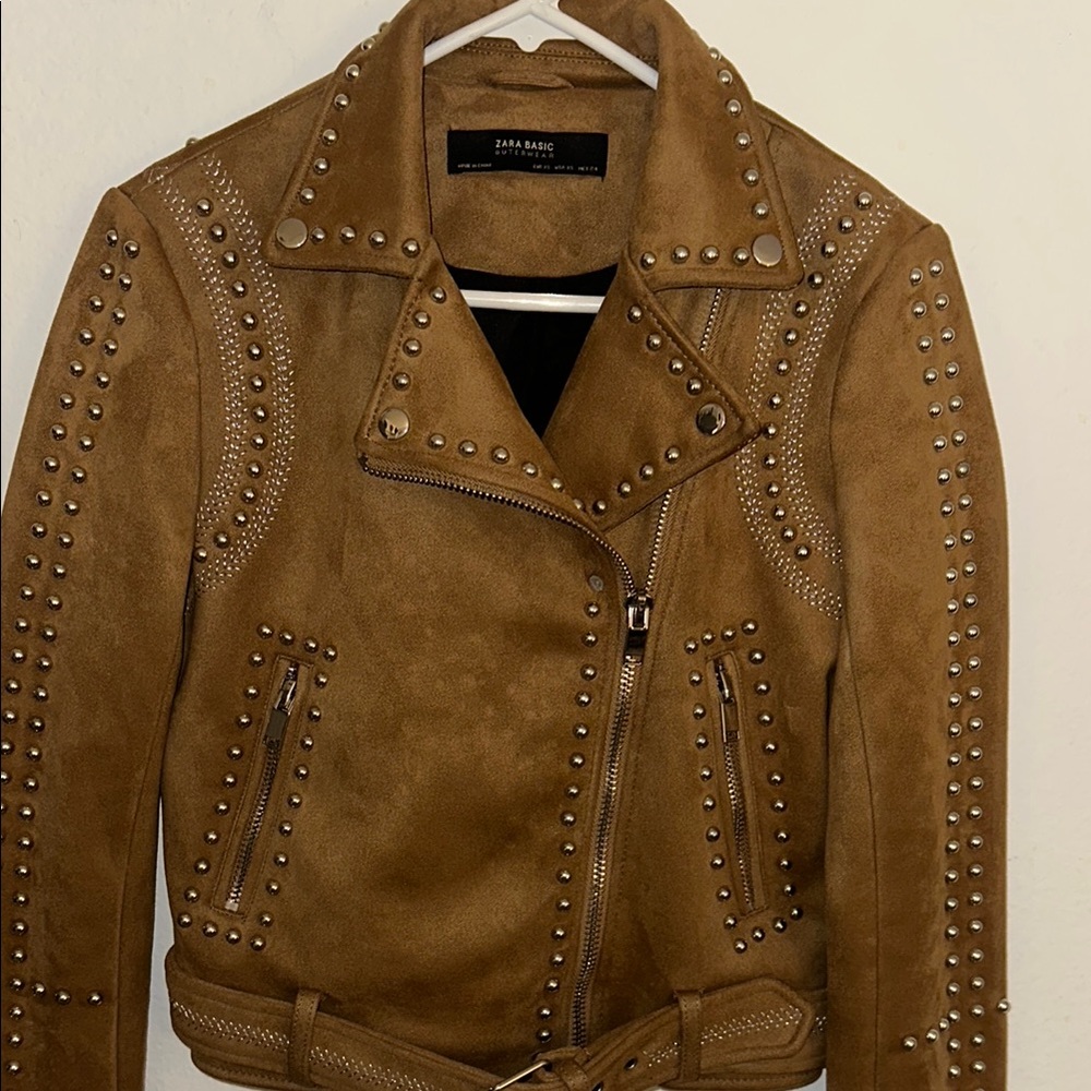 Zara Tan Leather Jacket with Studded Details